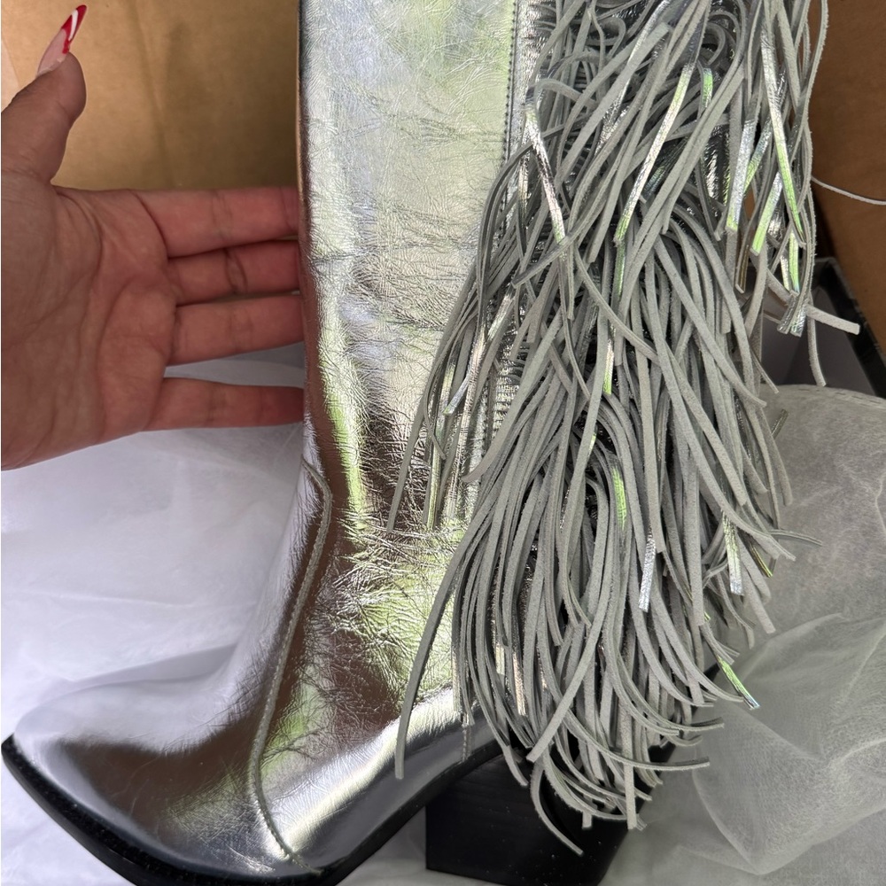 Jeffrey Campbell Orville Fringe Western Boot In Silver